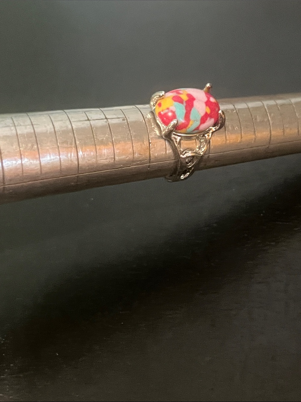 Silver Filigree Ring with Pink Multi-Color Cabochon